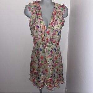 Saloni Dress Sleeveless Ruffle Silk Beige Red Pink Floral Size 6